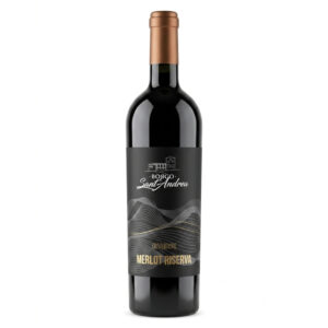 Wine bottle with copper-colored foil top and dark label, reading Merlot Riserva under white script